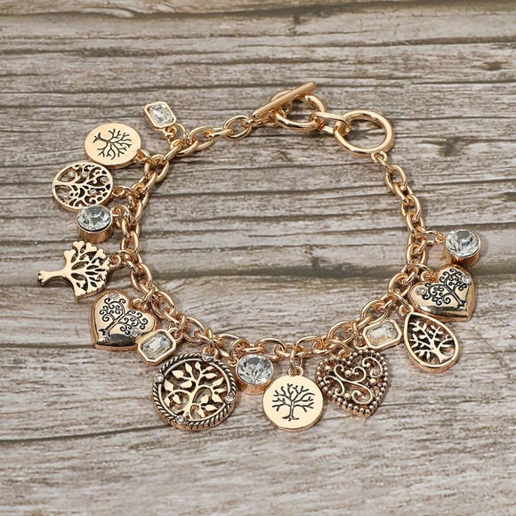 Jewelry - Tree of Life Charm Bracelet Gold Tone Toggle Closure Bezel Stones 7.5"
